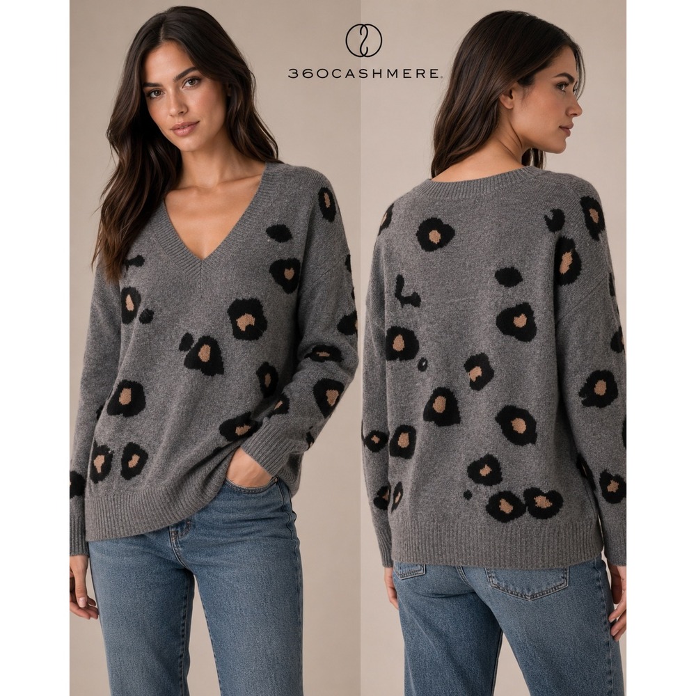 360Cashmere Leopard Print V-Neck Wool Cashmere Blend Sweater Gray Size Large